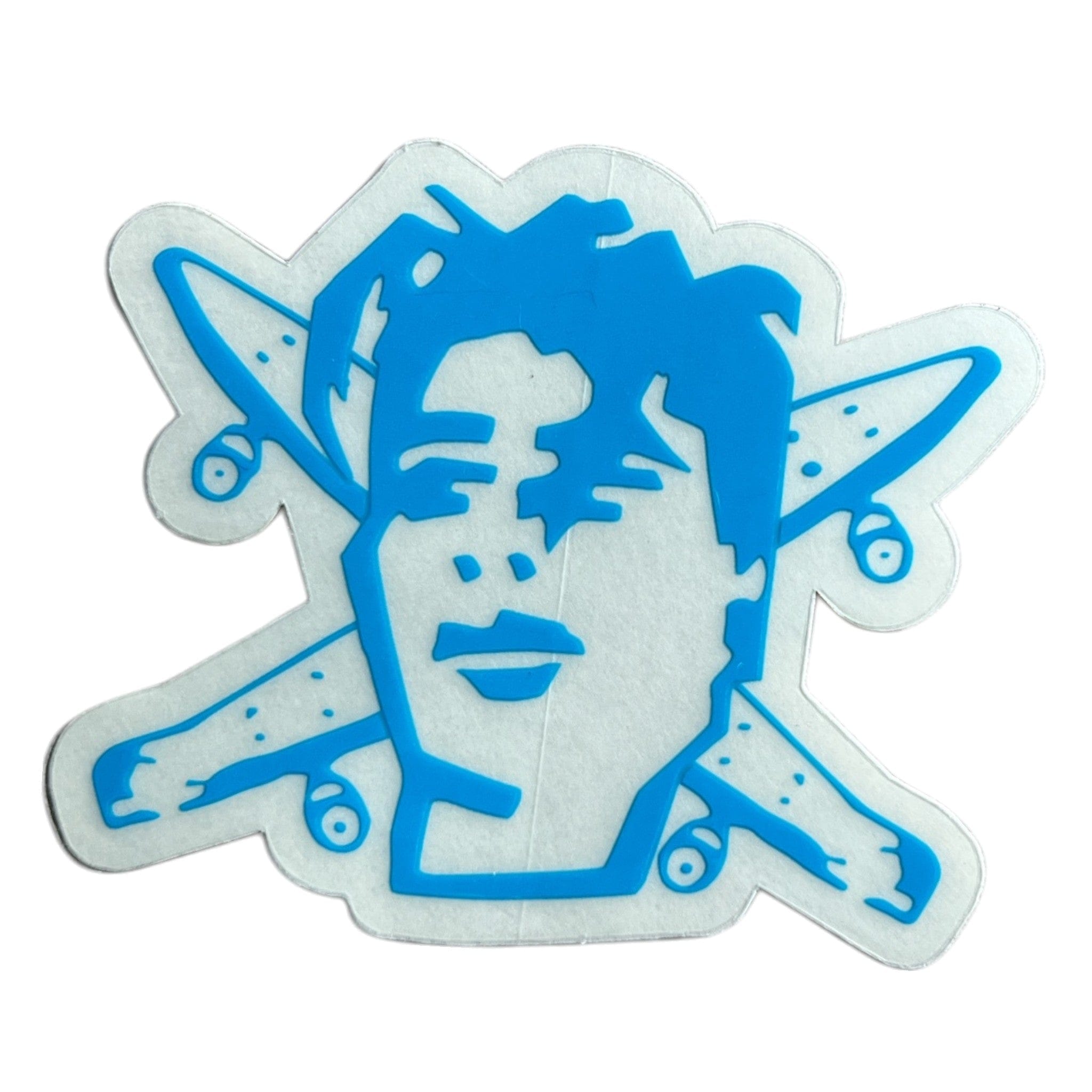 Blue silhouette of a person with crossed skateboards on a white background