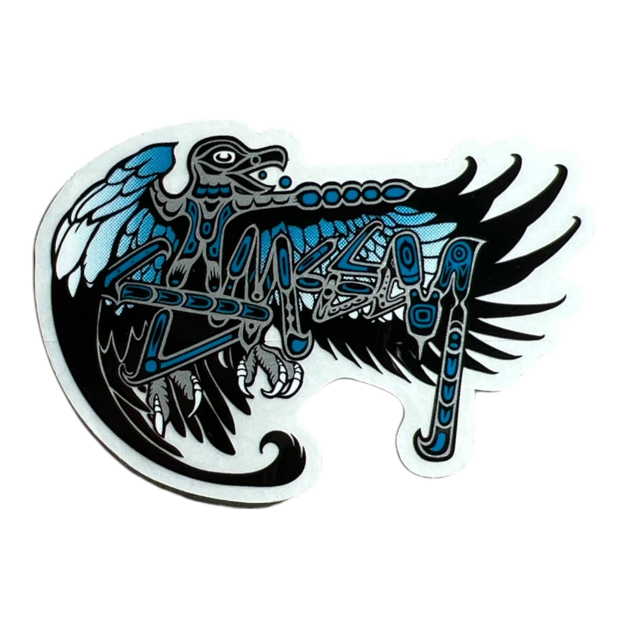 Stylized dragon design with blue and black colors on a white background