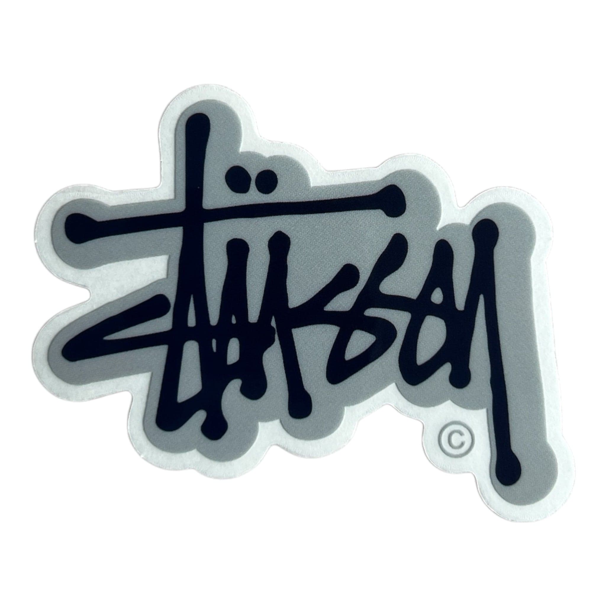 Stussy logo sticker with black text on a white background