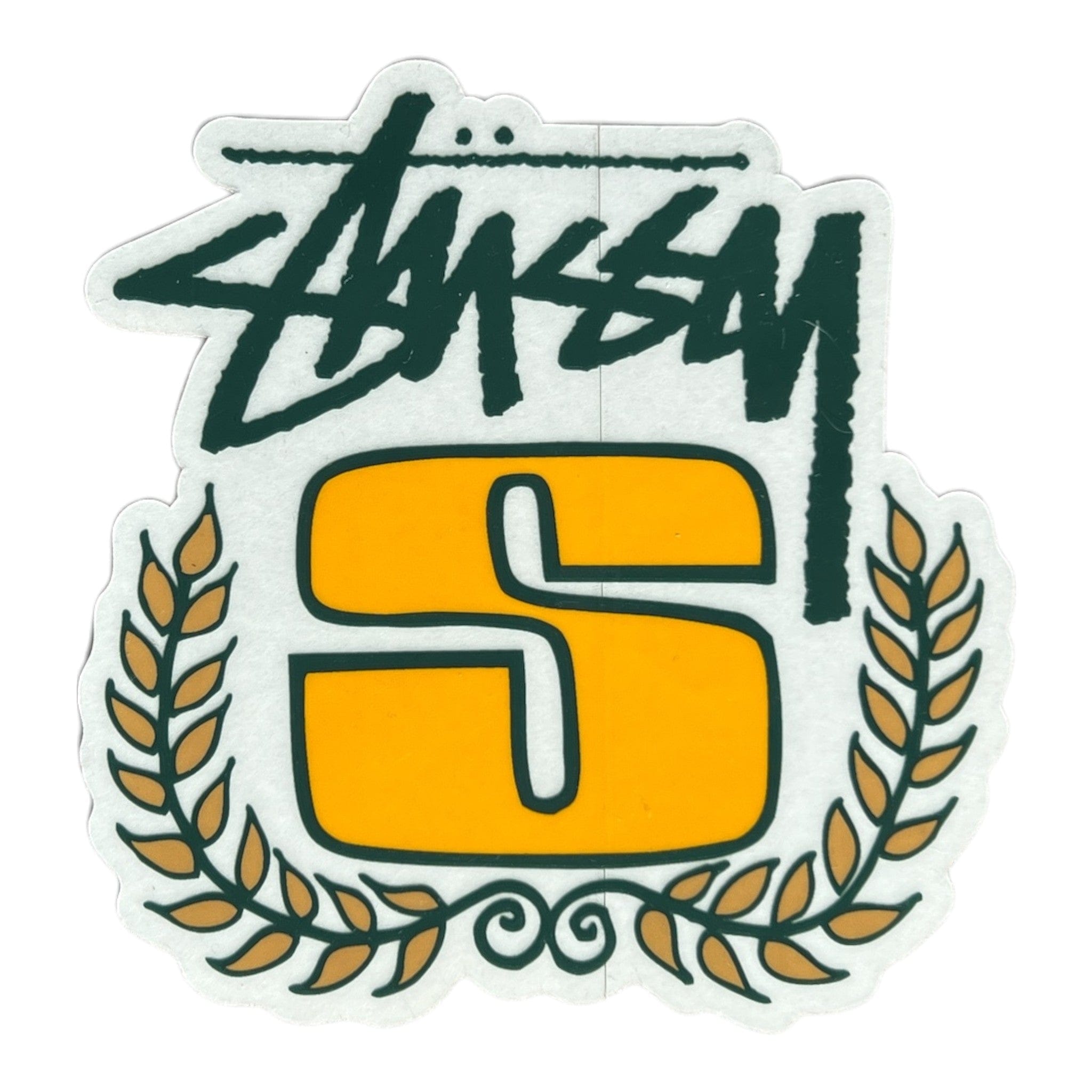 Stussy logo with a large 'S' in the center, surrounded by leaves on a white background