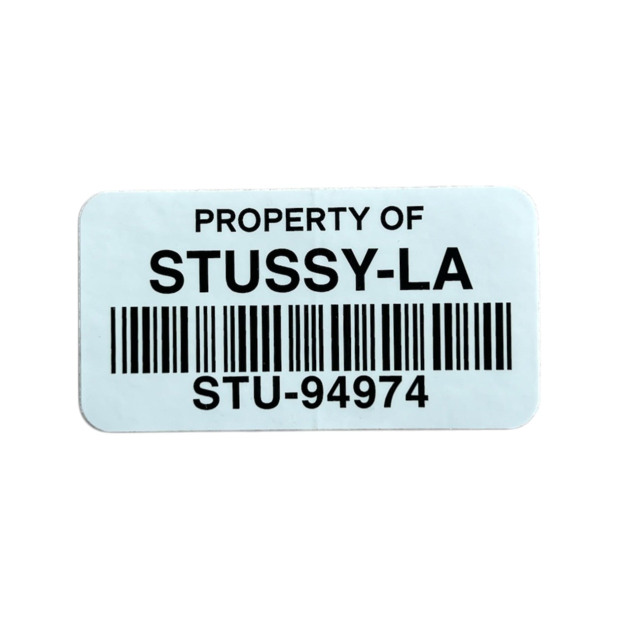 Label with 'Property of Stussy-LA' text and barcode on a light blue background