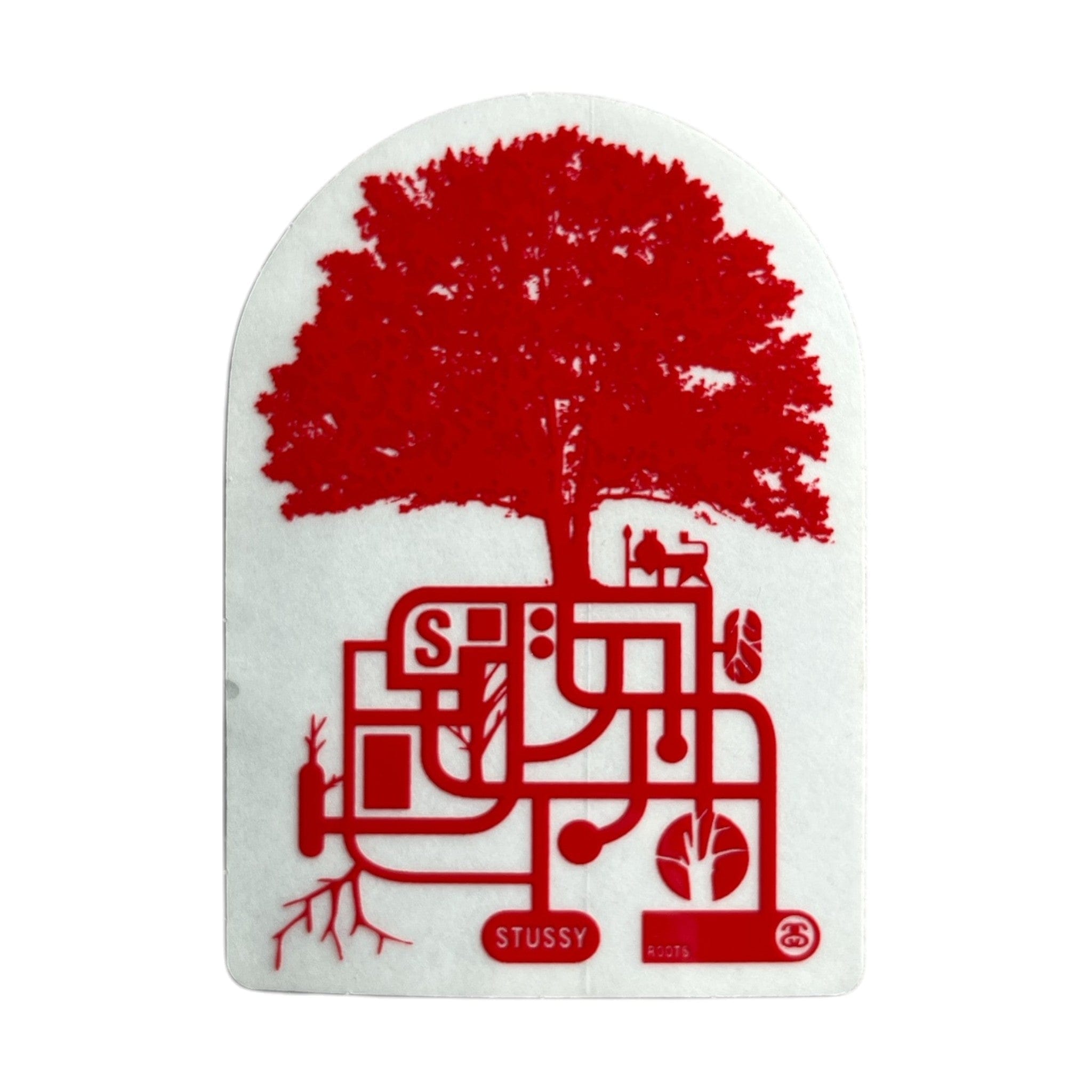 White skateboard deck with red tree and geometric design, featuring the Stussy logo.