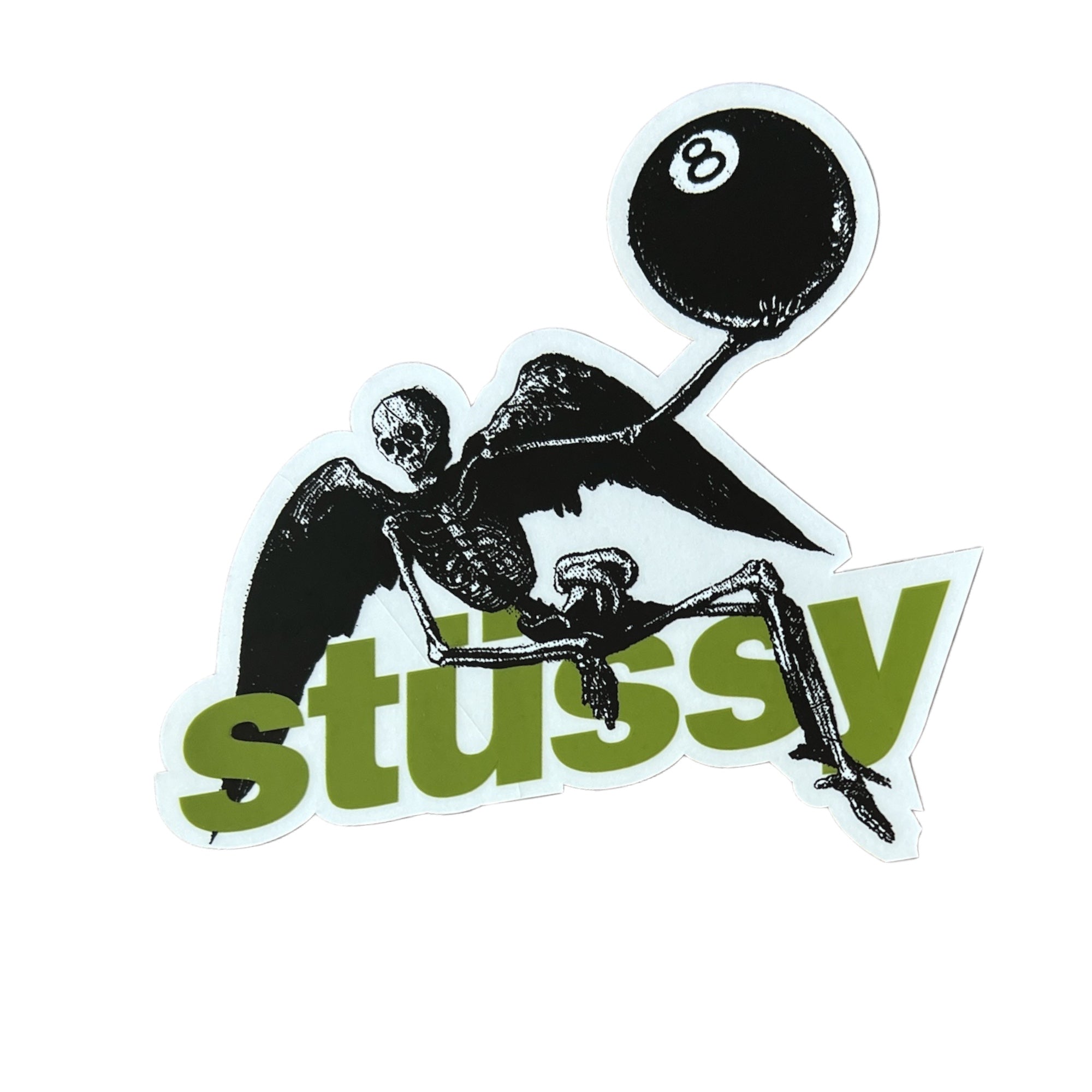 Stussy Skeleton 8 Ball Sticker in olive. The sticker measures 4.75"x4.5".