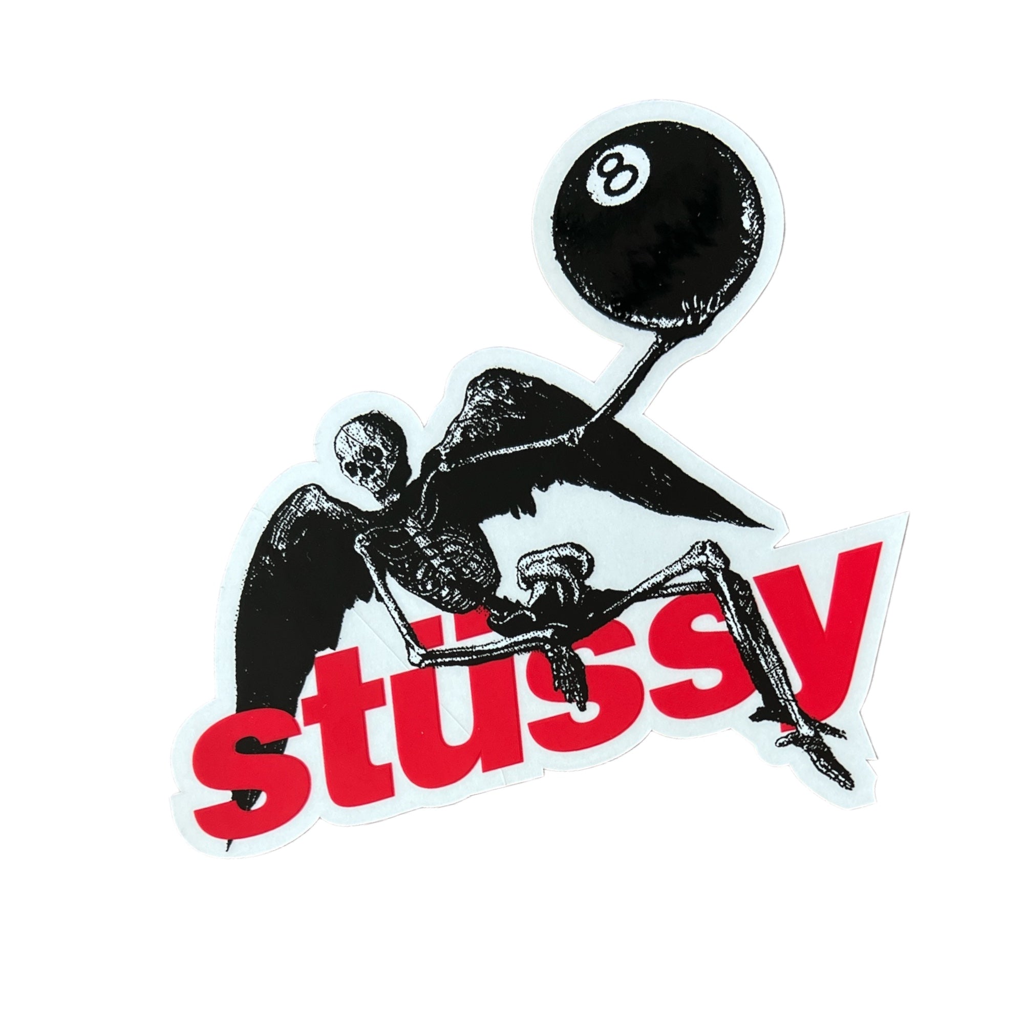 Stussy Skeleton 8 Ball Sticker in Red. The sticker measures 4.75"x4.5".