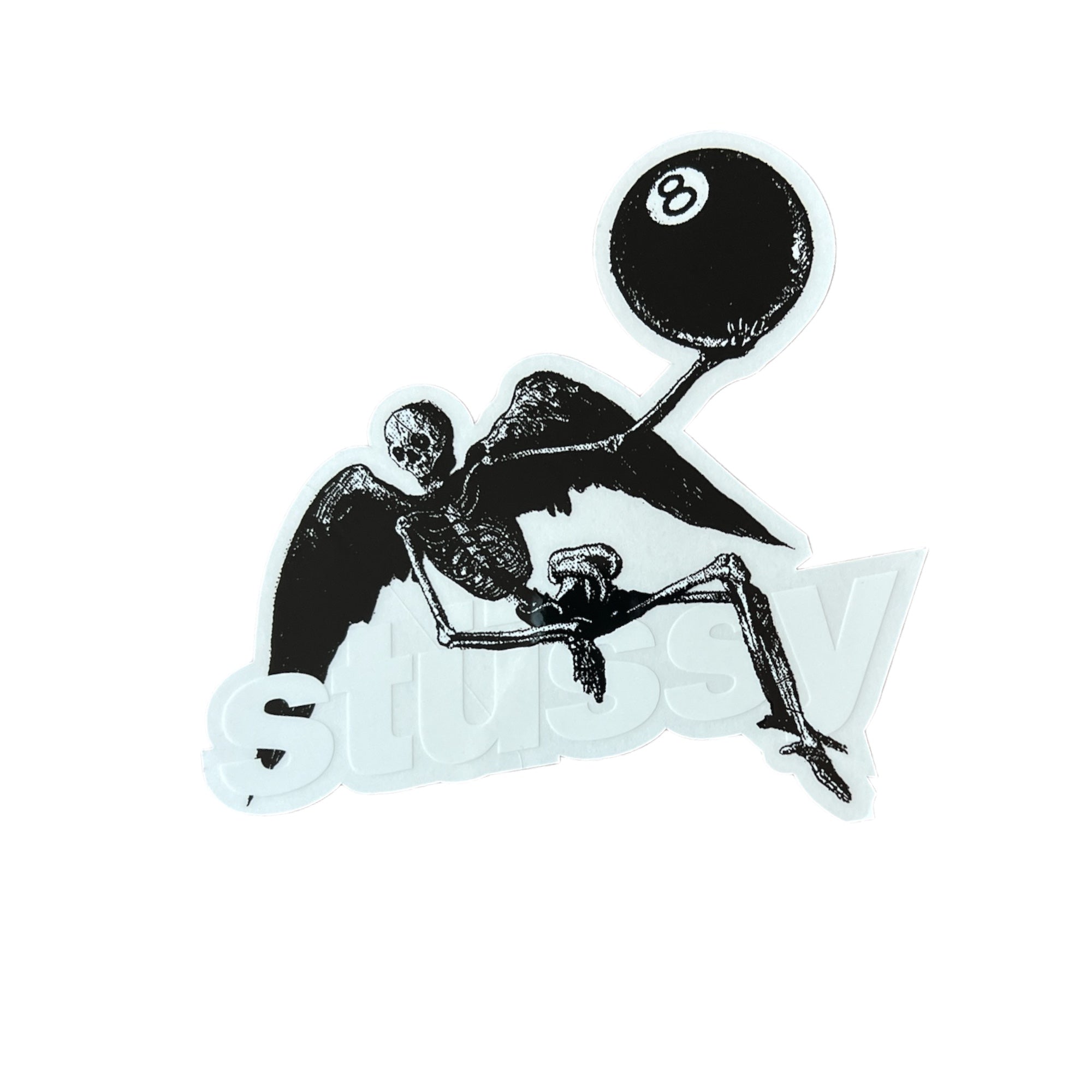 Stussy Skeleton 8 Ball Sticker in white. The sticker measures 4.75"x4.5".