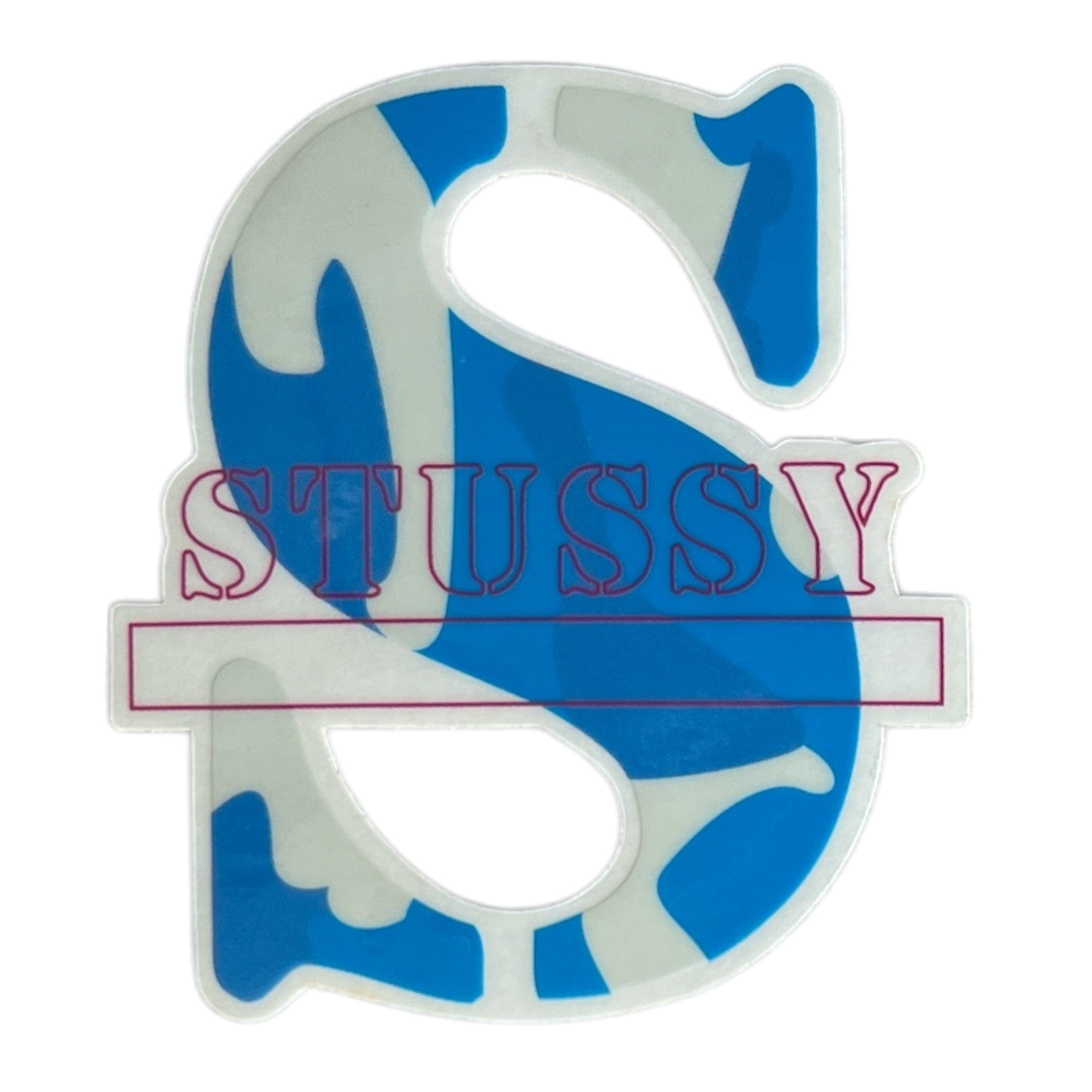 Blue and white 'Stussy' logo on a white background