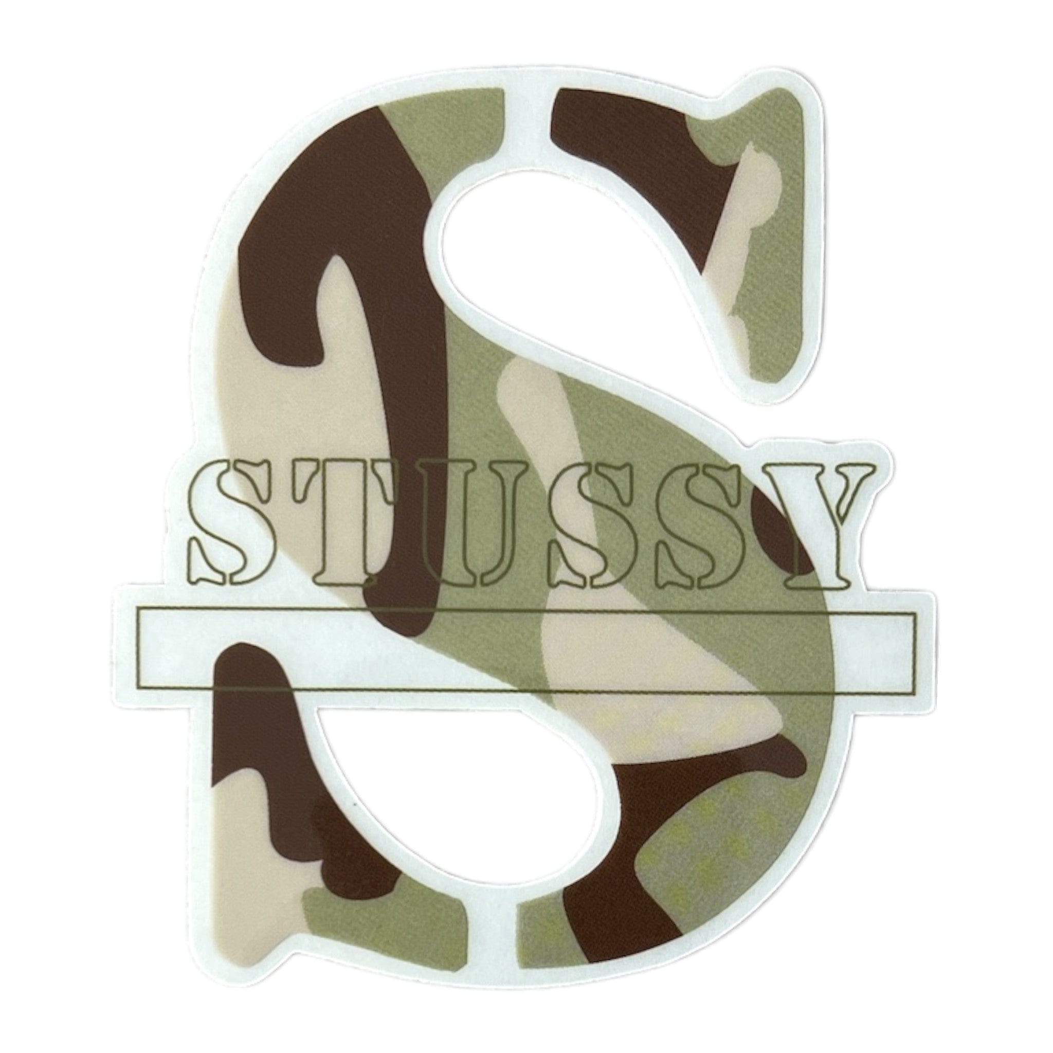 Camouflage-style 'Stussy' logo on a white background