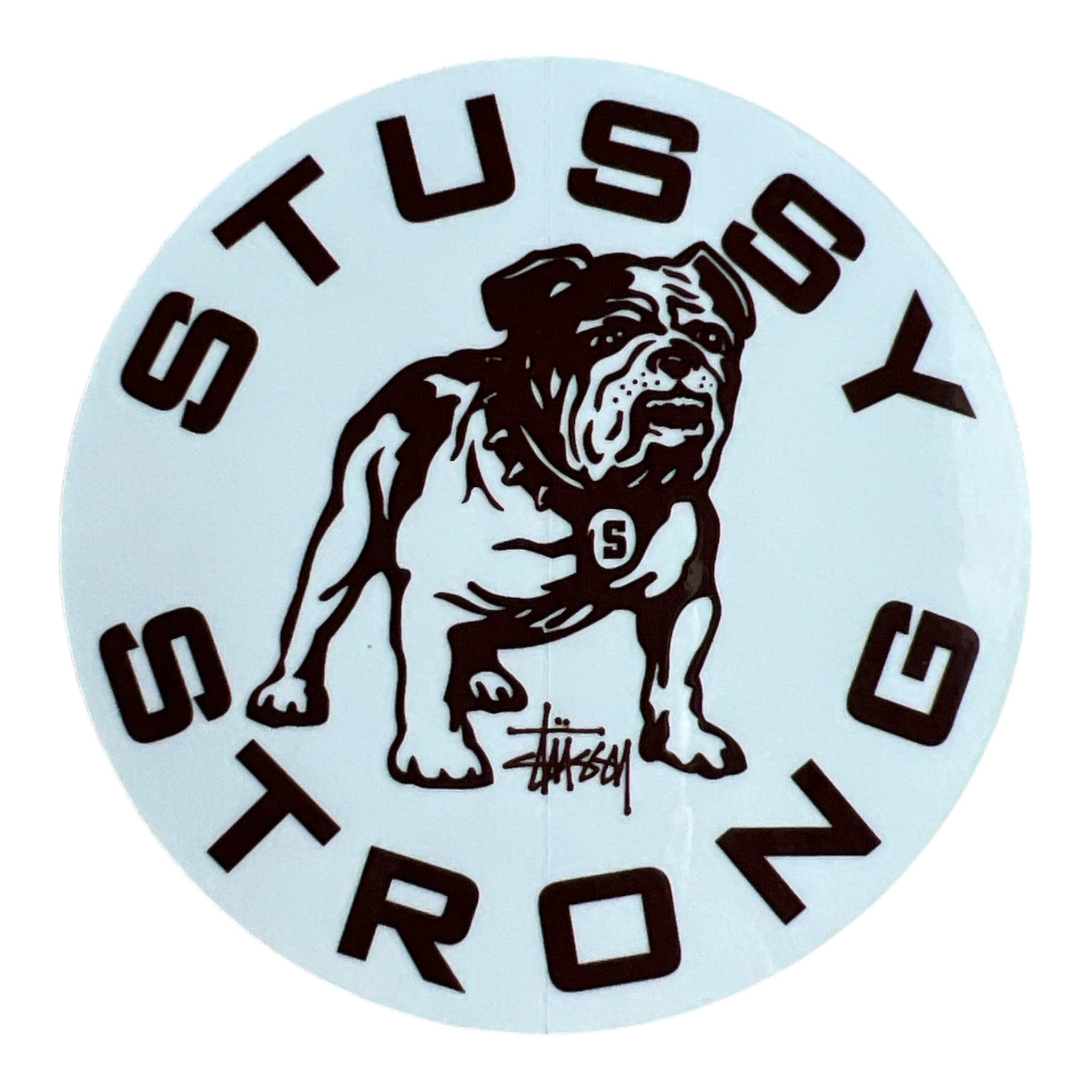 Stussy logo with a bulldog illustration on a light blue background