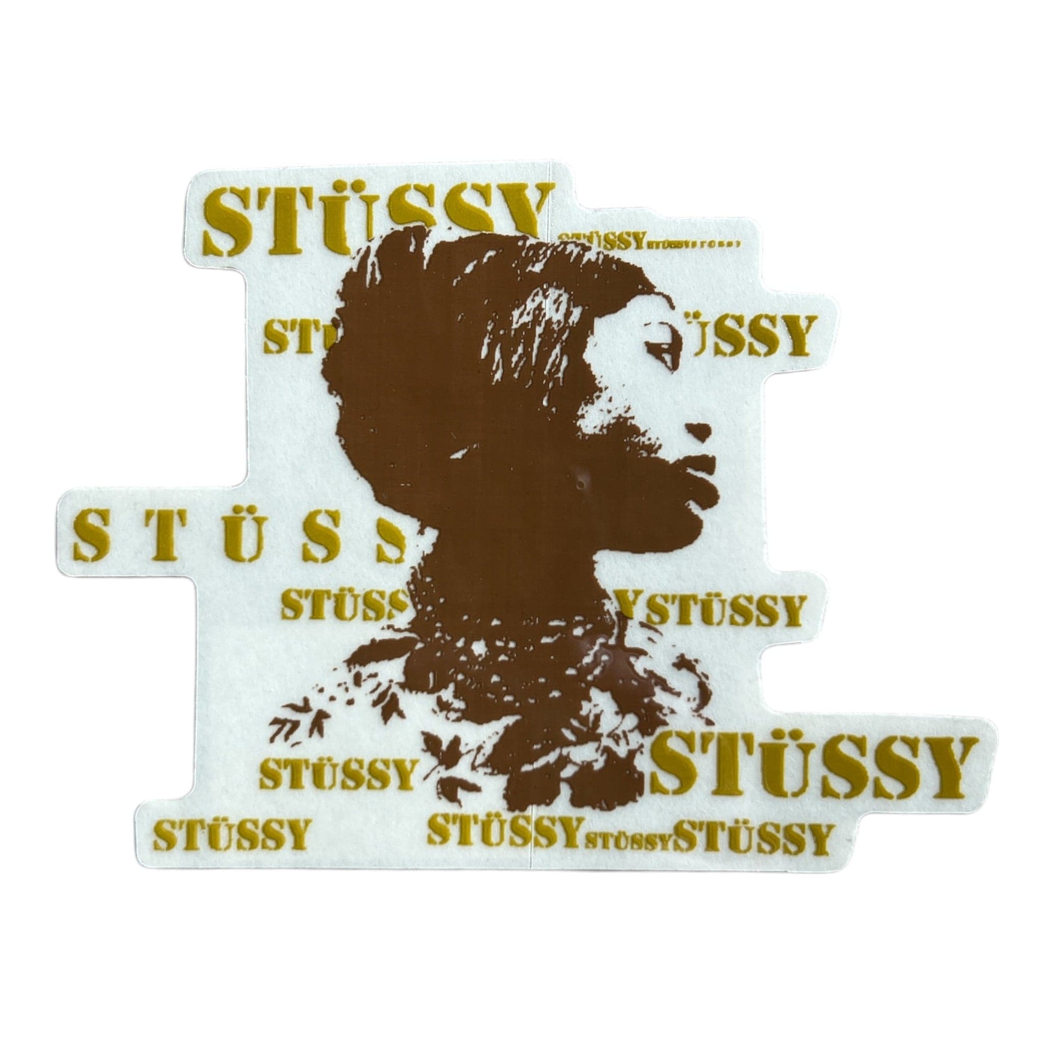 Stussy logo with a silhouette of a person on a white background