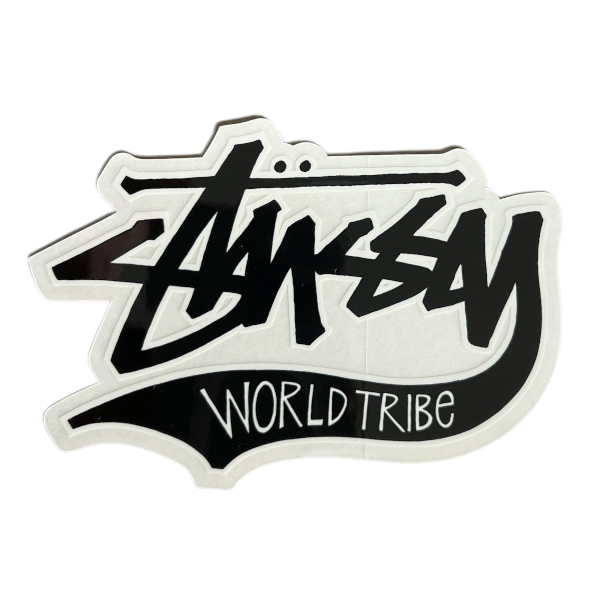 Stussy logo with 'World Tribe' text on a white background