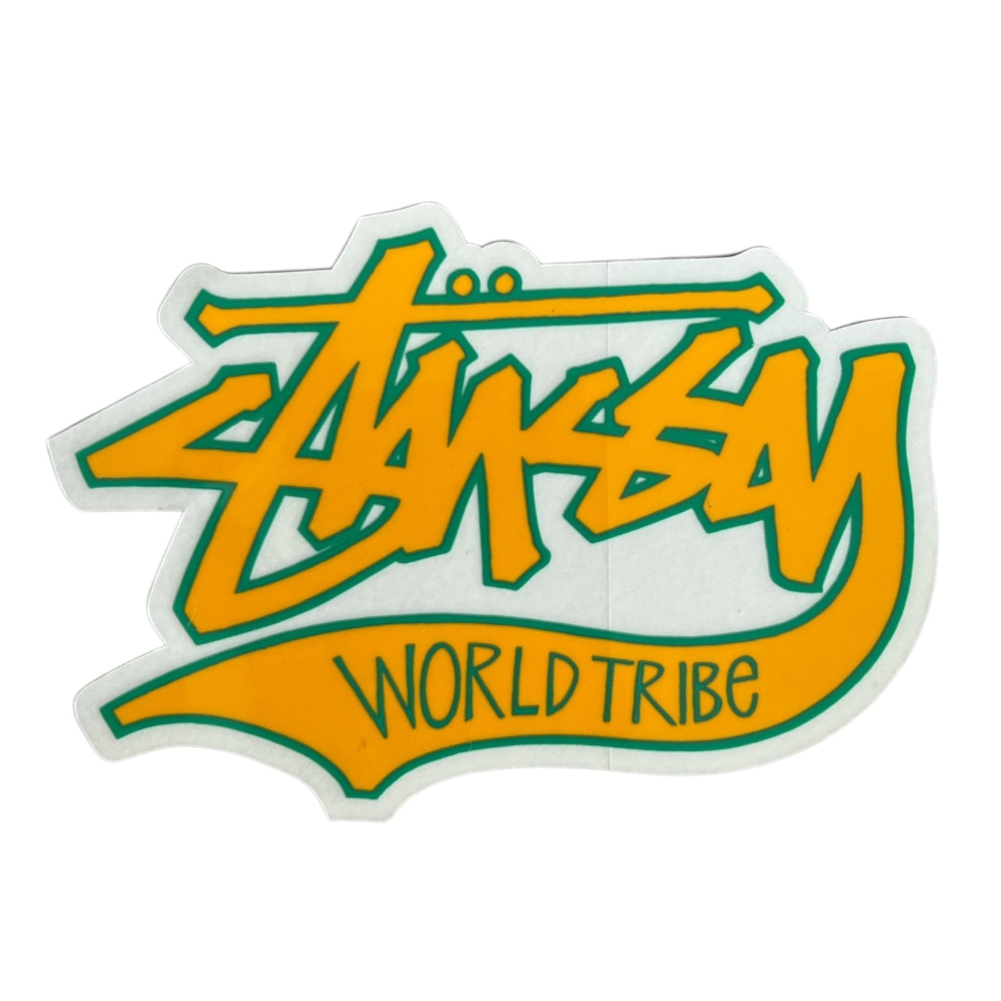 Stussy logo with 'World Tribe' text on a white background