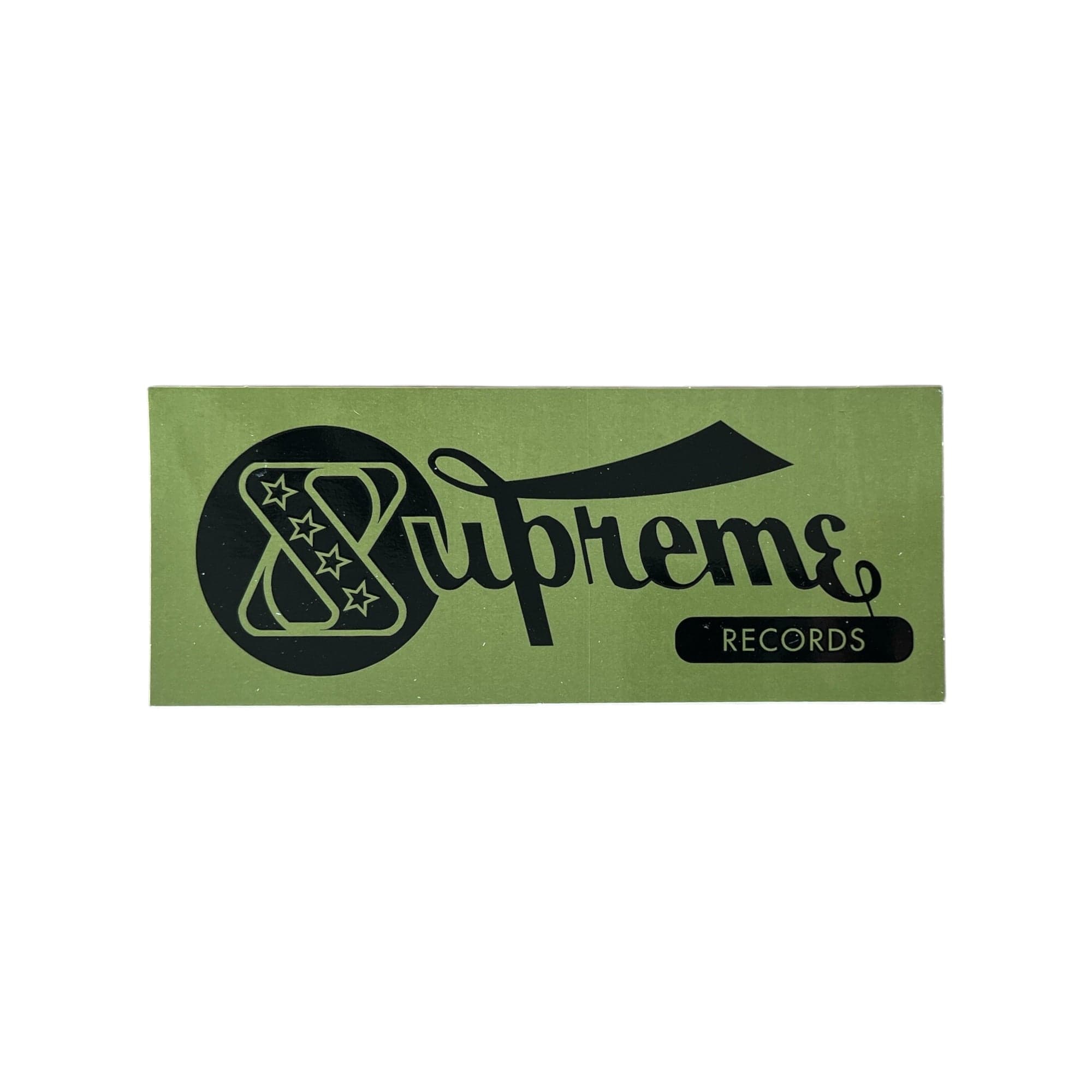 Supreme Records Sticker in olive released during the Spring Summer season of 2024. The sticker measures 5.75"x2.25".