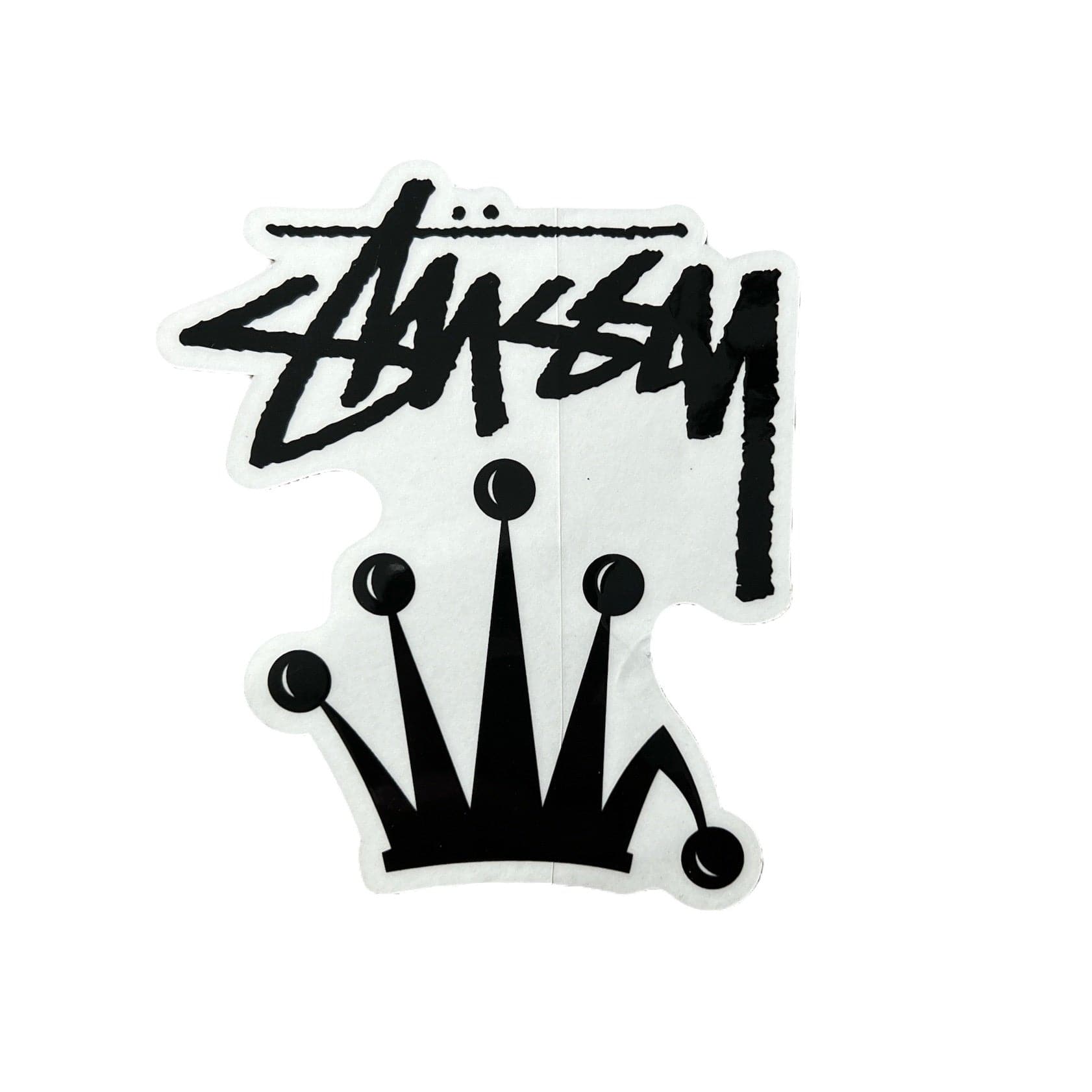 Stussy Bent Crown Sticker Black. The sticker measures 3"x2".